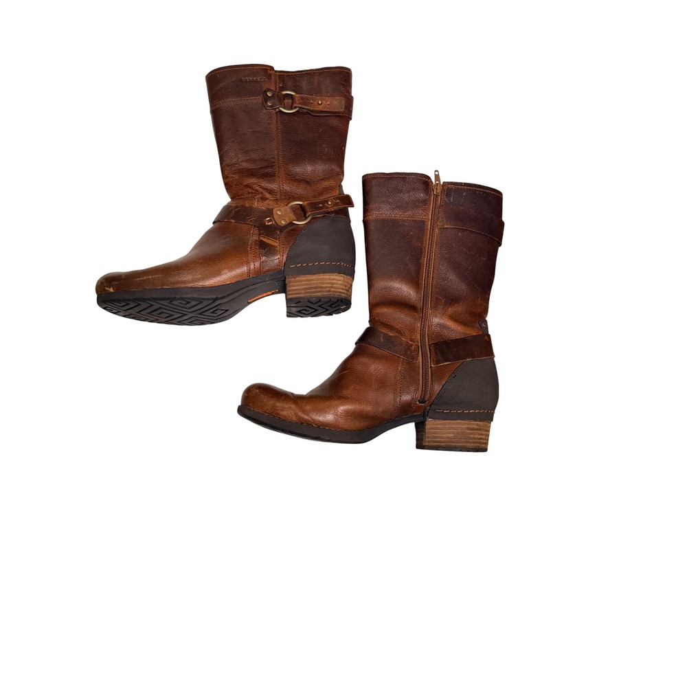 Merrell Oak Brown Leather Harness Mid Calf Boots Wmns 10.5 Brass boho bike - Picture 3 of 9